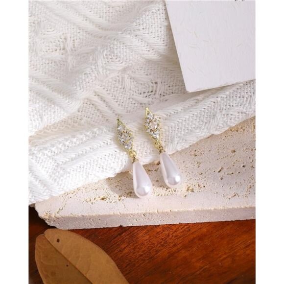 14K Gold-Plated Pearl Drop Earrings – Diamond Zircon Accents, Hypoallergenic - Picture 4 of 5